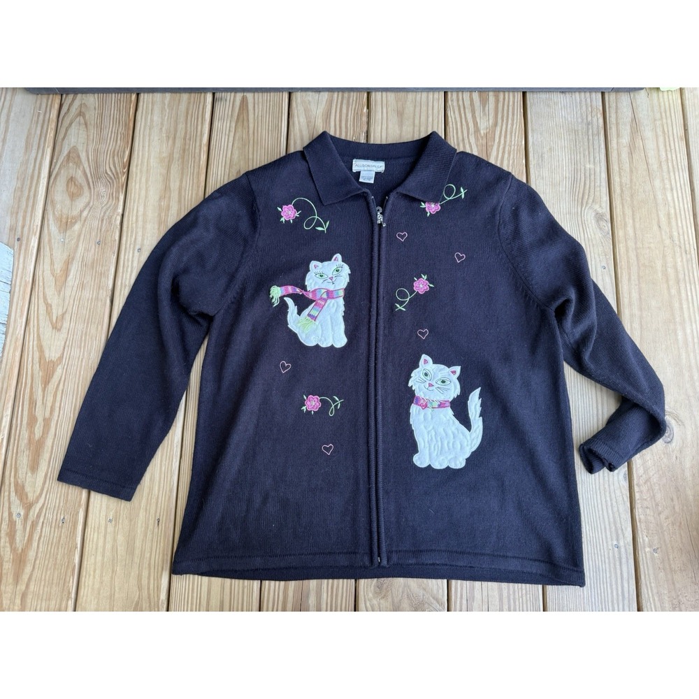 Vintage Cat Embroidered Cardigan XL Allison Daley Black Kawaii Cottagecore